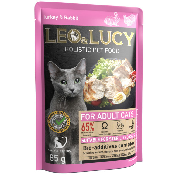 LEO&amp;amp;LUCY влажный холистик корм для взрослых стерилизованных кошек с индейкой и кроликом, кусочки в соусе, в паучах - 85 г х 32 шт