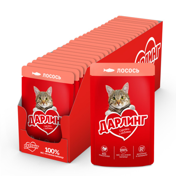 Дарлинг влажный корм для взрослых кошек с лососем в подливе, в паучах - 75 г х 26 шт