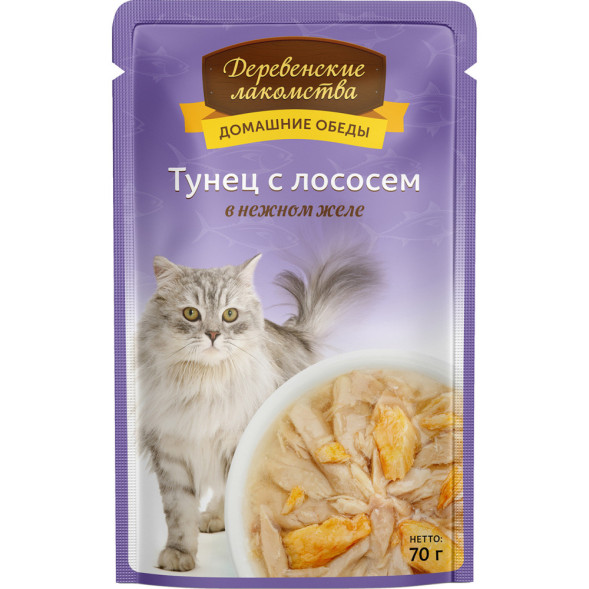 Деревенские лакомства влажный корм для кошек с тунцом и лососем в желе - 70 г х 12 шт