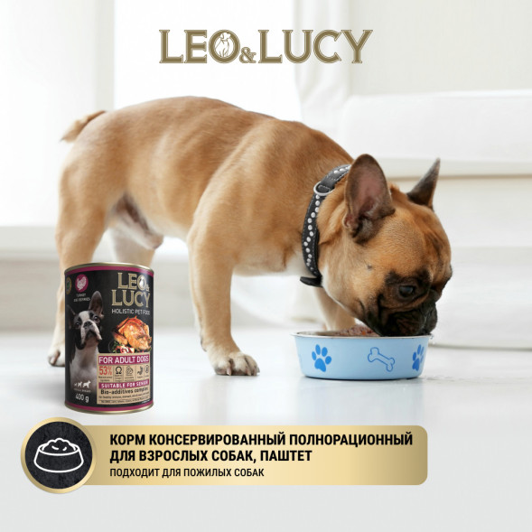 LEO&amp;amp;LUCY влажный холистик корм для взрослых и пожилых собак всех пород с индейкой и ягодами, паштет, в консервах - 400 г х 24 шт