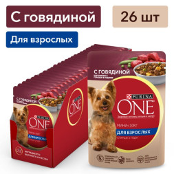 Влажный корм для собак Purina ONE Мини Взрослая для мелких пород с говядиной, картофелем и горохом в подливе 85 г x 26 шт