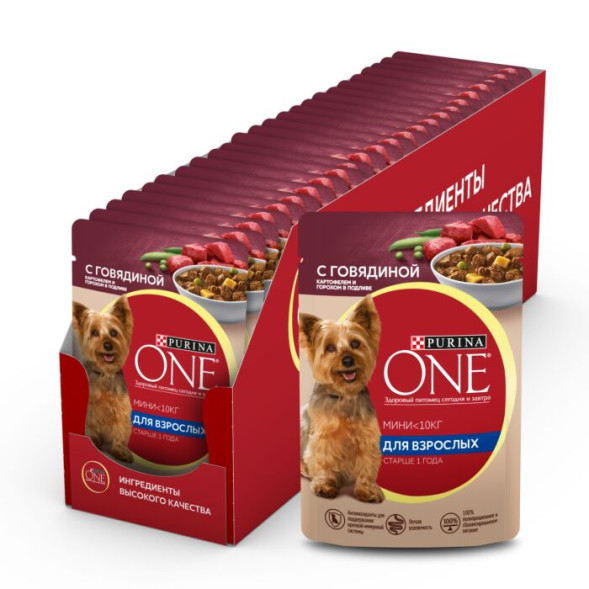 Влажный корм для собак Purina ONE Мини Взрослая для мелких пород с говядиной, картофелем и горохом в подливе 85 г x 26 шт