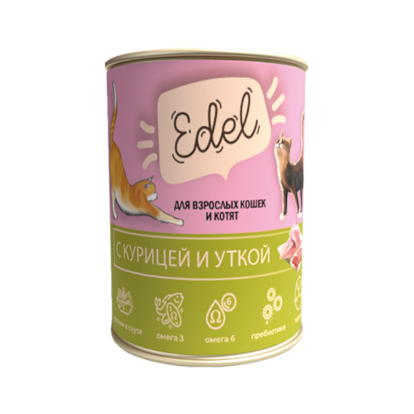Edel влажный корм для взрослых кошек, с курицей и уткой, кусочки в соусе - 400 г х 12 шт