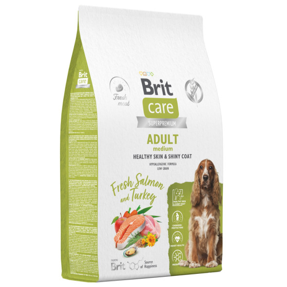 Brit Care Dog Adult M Healthy Skin&amp;amp;Shiny Coat сухой корм для взрослых собак средних пород для кожи и шерсти, с лососем и индейкой - 12 кг