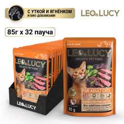 LEO&amp;amp;LUCY влажный холистик корм для взрослых стерилизованных кошек с уткой и ягненком, кусочки в соусе, в паучах - 85 г х 32 шт
