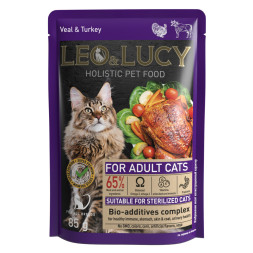 LEO&amp;amp;LUCY влажный холистик корм для взрослых стерилизованных кошек с телятиной и индейкой, кусочки в соусе, в паучах - 85 г х 32 шт