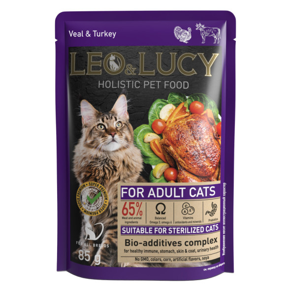 LEO&amp;amp;LUCY влажный холистик корм для взрослых стерилизованных кошек с телятиной и индейкой, кусочки в соусе, в паучах - 85 г х 32 шт
