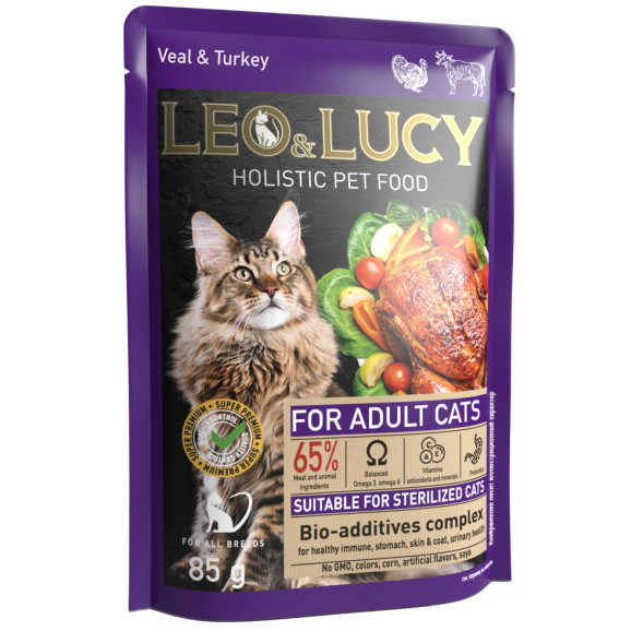 LEO&amp;amp;LUCY влажный холистик корм для взрослых стерилизованных кошек с телятиной и индейкой, кусочки в соусе, в паучах - 85 г х 32 шт