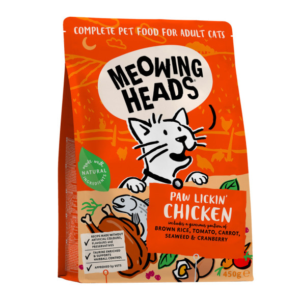 Meowing Heads Paw Lickin’ Chicken сухой беззерновой корм для взрослых кошек с курицей и рисом - 450 г