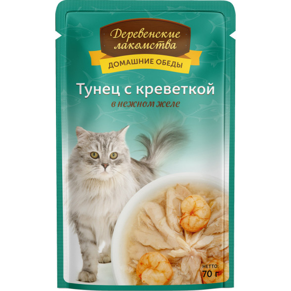 Деревенские лакомства влажный корм для кошек с тунцом и креветкой в желе - 70 г х 12 шт