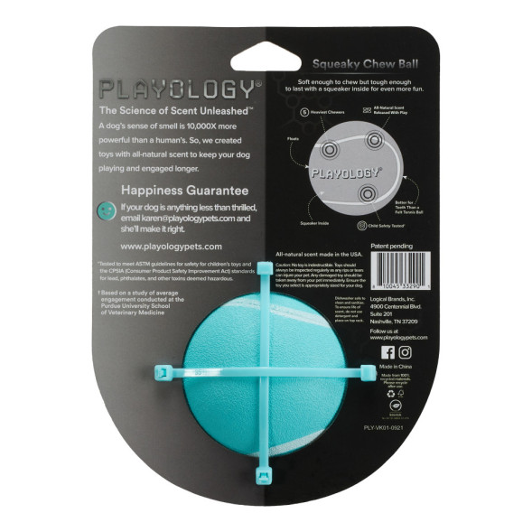 Playology SQUEAKY CHEW BALL хрустящий жевательный мяч для собак с пищалкой и с ароматом арахиса, 8 см, голубой