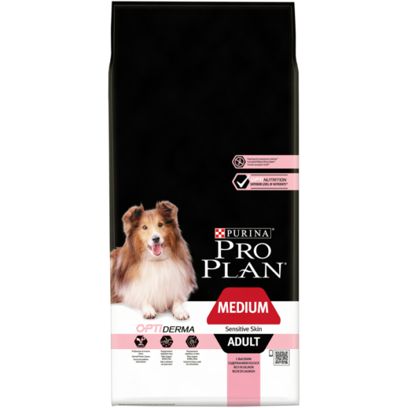 Сухой корм PRO PLAN® для взрослых собак средних пород с чувствительной кожей, с высоким содержанием лосося 14 кг