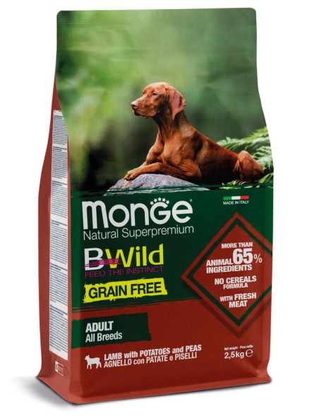 Monge Dog BWild Grain Free сухой беззерновой корм для взрослых собак всех пород с мясом ягненка, картофелем и горохом 2,5 кг