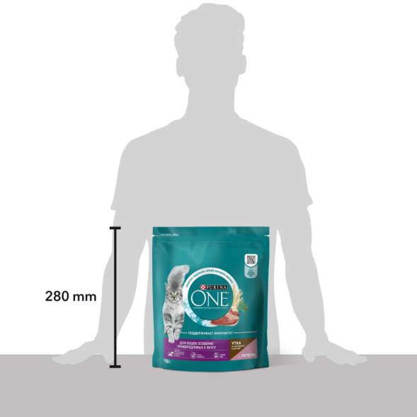 Purina ONE сухой корм для взрослых кошек особенно привередливых ко вкусу, с уткой и печенью - 750 г