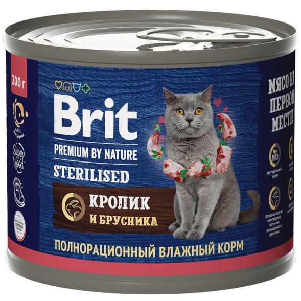 Brit Premium by Nature консервы для стерилизованных кошек с кроликом и брусникой - 200 г х 6 шт