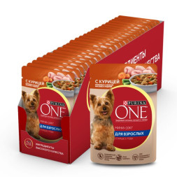 Влажный корм для собак Purina ONE Мини Взрослая для мелких пород с курицей, морковью и зеленой фасолью в подливе 85 г x 26 шт