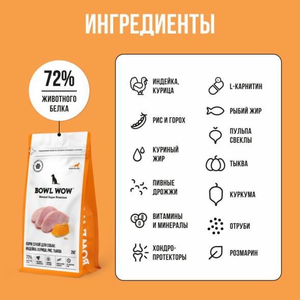 BOWL WOW сухой корм для взрослых собак крупных пород с индейкой, курицей, рисом и тыквой - 2 кг