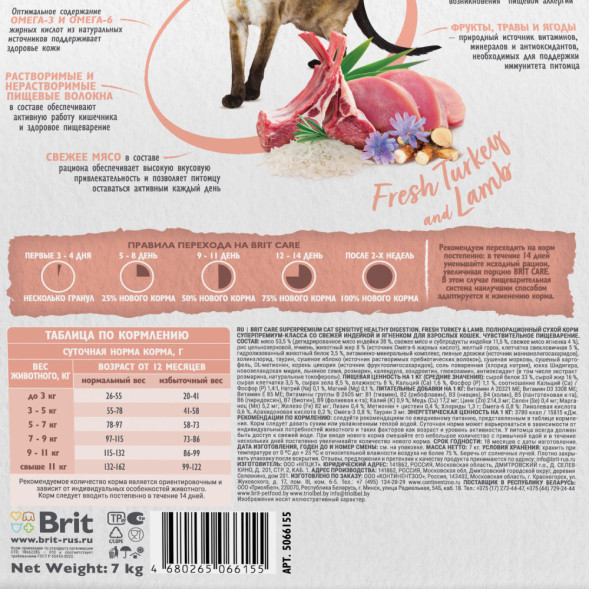Brit Care Cat Sensitive Healthy Digestion сухой корм для взрослых кошек с чувствительным пищеварением, с индейкой и ягненком - 7 кг