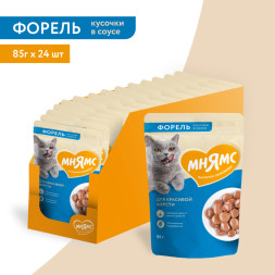 Мнямс влажный корм для кошек, для красивой шерсти, кусочки в соусе с форелью, в паучах - 85 г х 24 шт