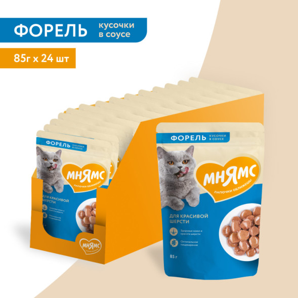 Мнямс влажный корм для кошек, для красивой шерсти, кусочки в соусе с форелью, в паучах - 85 г х 24 шт