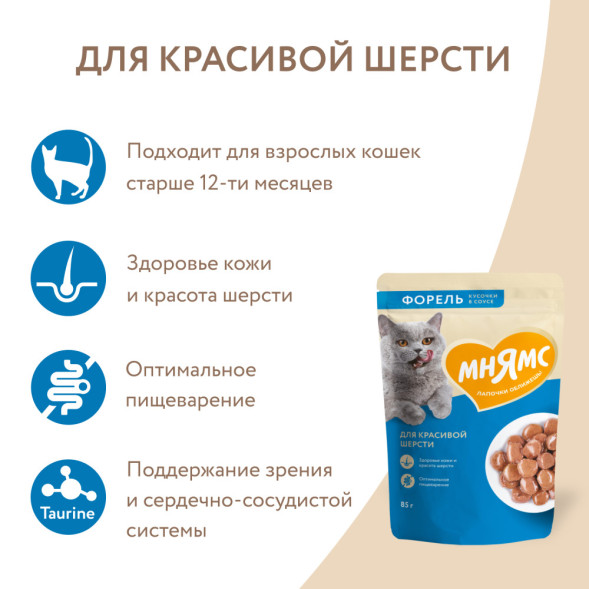 Мнямс влажный корм для кошек, для красивой шерсти, кусочки в соусе с форелью, в паучах - 85 г х 24 шт