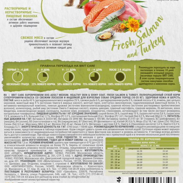 Brit Care Dog Adult M Healthy Skin&amp;amp;Shiny Coat сухой корм для собак средних пород для кожи и шерсти, с лососем и индейкой - 1,5 кг