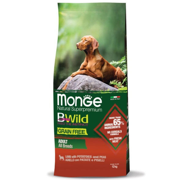 Monge Dog BWild Grain Free сухой беззерновой корм для взрослых собак всех пород с мясом ягненка, картофелем и горохом - 12 кг