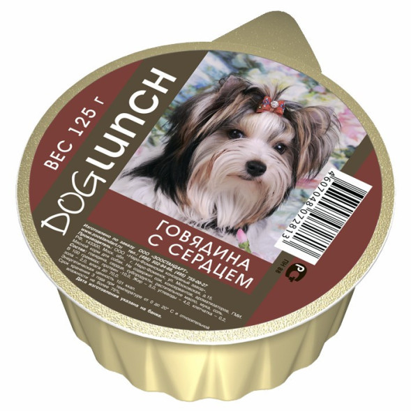 Dog Lunch влажный корм для взрослых собак крем-суфле с говядиной и сердцем, в ламистерах - 125 г х 10 шт