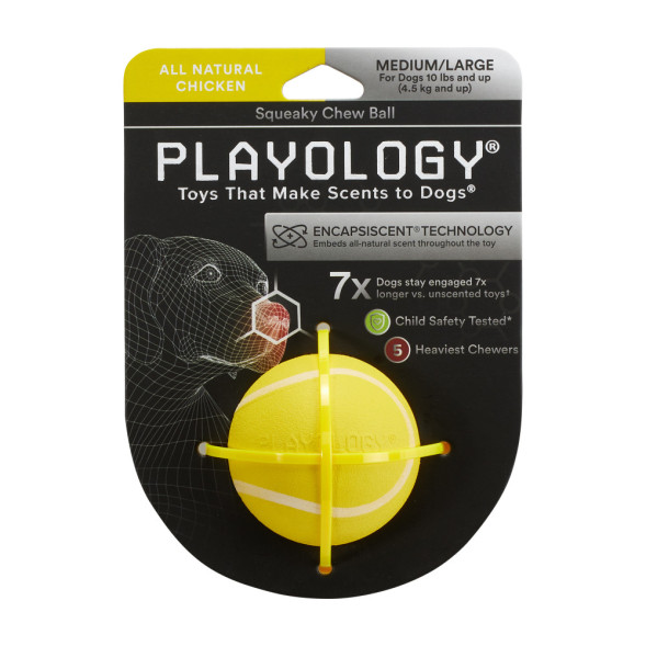 Playology SQUEAKY CHEW BALL хрустящий жевательный мяч для собак с пищалкой и с ароматом курицы, 6 см, желтый