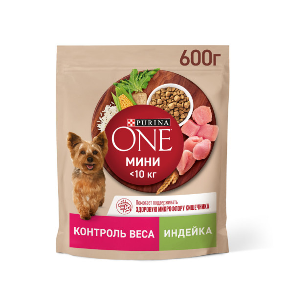 Purina ONE Мини Здоровый вес сухой корм для взрослых собак мелких пород, склонных к набору веса, с высоким содержанием индейки и с рисом - 600 г