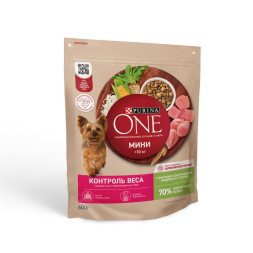 Purina ONE Мини Здоровый вес сухой корм для взрослых собак мелких пород, склонных к набору веса, с высоким содержанием индейки и с рисом - 600 г