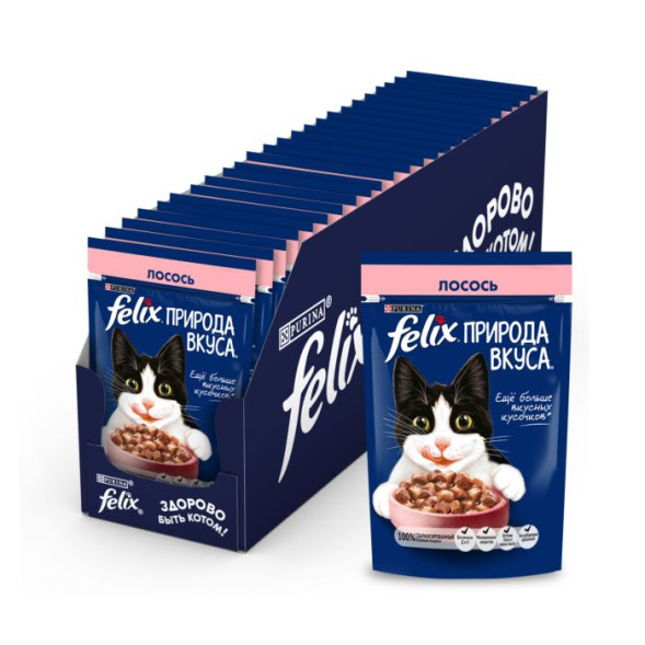 Влажный корм Felix Природа вкуса для взрослых кошек, с лососем в соусе 75 г х 26
