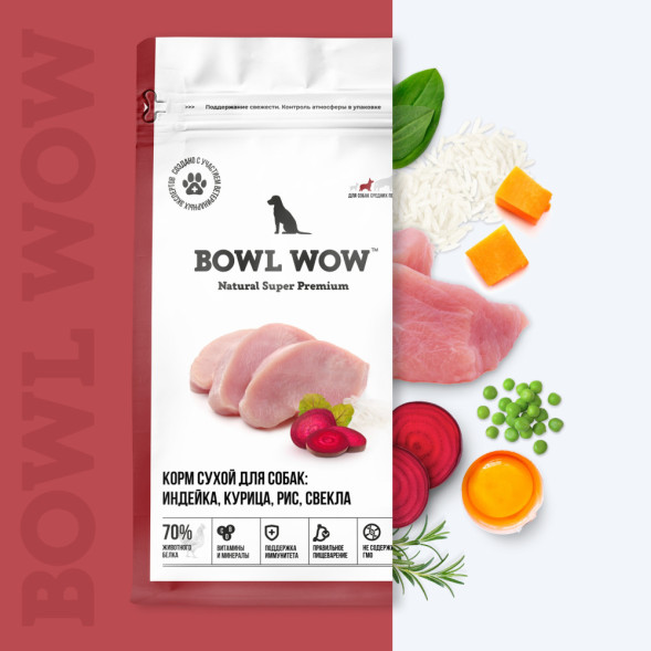 BOWL WOW сухой корм для взрослых собак средних пород с индейкой, курицей, рисом и свеклой - 5 кг