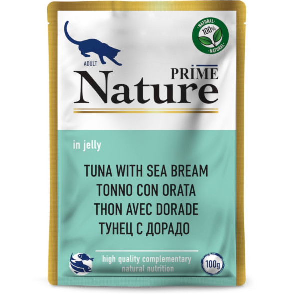 PRIME NATURE корм влажный для взрослых кошек с тунцом и дорадо, в паучах, в желе - 100 г x 24 шт