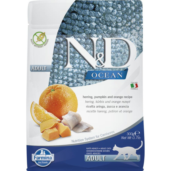 Farmina N&amp;amp;D Ocean Cat Herring Pumpkin &amp;amp; Orange Adult сухой беззерновой корм для взрослых кошек с сельдью, тыквой и апельсином - 300 г