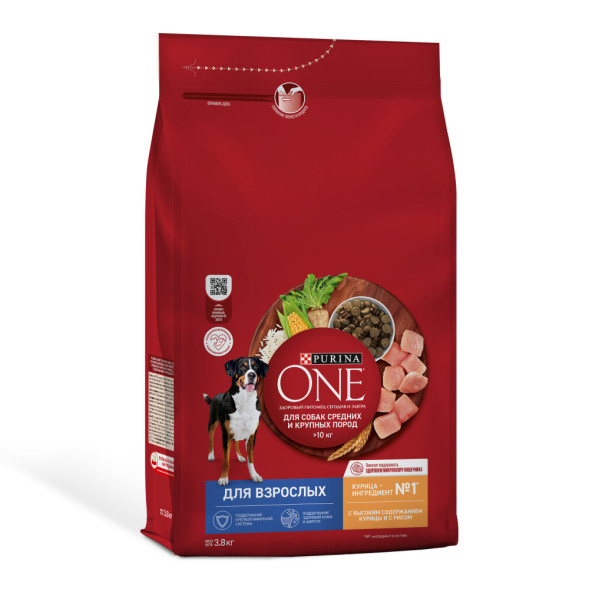 Purina ONE сухой корм для взрослых собак средних и крупных пород с высоким содержанием курицы и с рисом - 3,8 кг