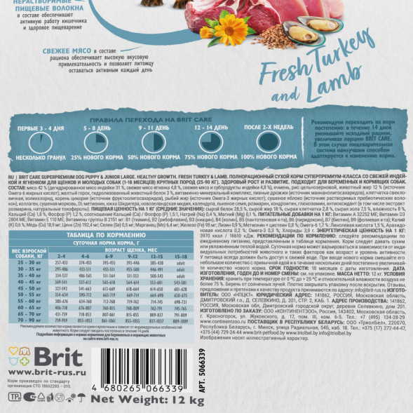 Brit Care Dog Puppy&amp;amp;Junior L Healthy Growth сухой корм для щенков крупных пород, с индейкой и ягненком - 12 кг
