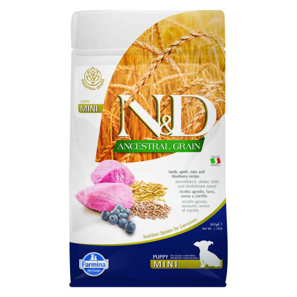Farmina N&amp;amp;D Ancestral Grain Dog Lamb &amp;amp; Blueberry Puppy Mini сухой низкозерновой корм для щенков мелких пород с ягненком и черникой - 800 г