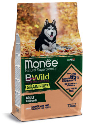Monge Dog BWild Grain Free сухой беззерновой корм для взрослых собак всех пород с лососем и горохом 2,5 кг