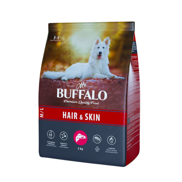 Mr.Buffalo Hair &amp;amp; Skin Care полнорационный сухой корм для взрослых собак всех пород, для здоровой кожи и красивой шерсти, с лососем - 2 кг