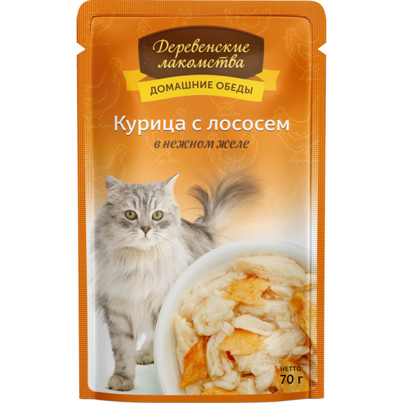 Деревенские лакомства влажный корм для кошек с курицей и лососем в желе - 70 г х 12 шт