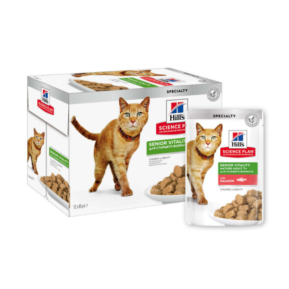 Hills Science Plan Senior Vitality влажный корм для пожилых кошек с лососем, в паучах - 85 г x 12 шт