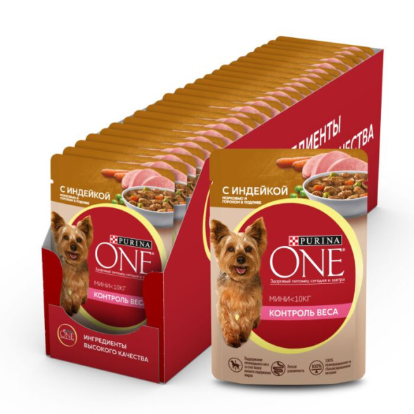 Влажный корм для собак Purina ONE Мини Контроль веса для мелких пород с индейкой, морковью и горохом в подливе 85 г x 26 шт