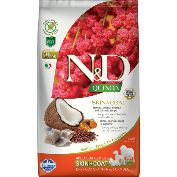 Farmina N&amp;amp;D Quinoa Dog Grain Free Skin &amp;amp; Coat сухой беззерновой корм для взрослых собак для кожи и шерсти с сельдью и киноа - 2,5 кг