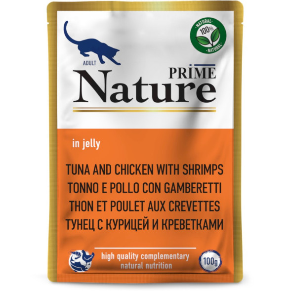 PRIME NATURE корм влажный для взрослых кошек с тунцом, курицей и креветками, в паучах, в желе - 100 г x 24 шт