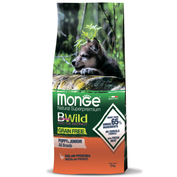 Monge Dog BWild Grain Free сухой беззерновой корм для щенков всех пород с мясом утки и картофелем 12 кг