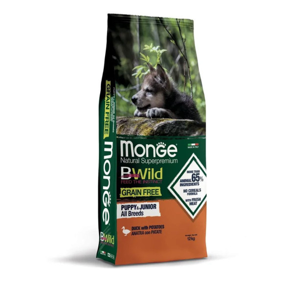 Monge Dog BWild Grain Free сухой беззерновой корм для щенков всех пород с мясом утки и картофелем 12 кг