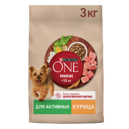 Сухой корм Purina ONE® МИНИ для активных собак мелких пород с курицей и с рисом, 3 кг