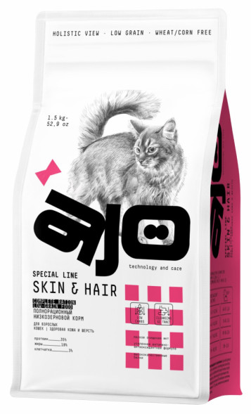 AJO Cat Skin&amp;amp;Hair сухой корм для длинношерстных кошек, для кожи и шерсти, с лососем и индейкой - 1,5 кг