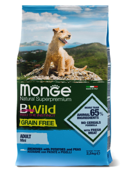 Monge Dog BWild Grain Free Mini сухой беззерновой корм для взрослых собак мелких пород с анчоусом и картофелем 2,5кг